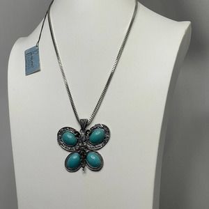 faux turquoise blue necklace butterfly pendant burnished silver tone trendy boho